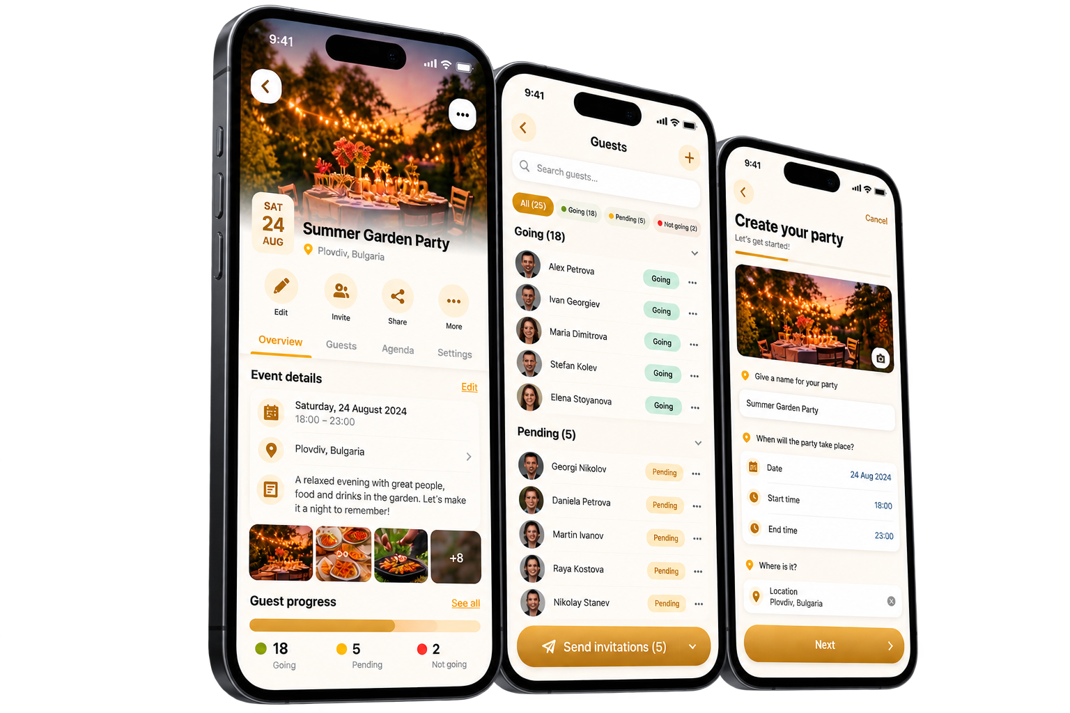 Partymus create event and guest management screens